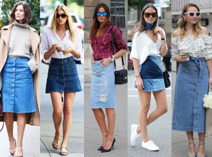 Rok denim dengan T-shirt untuk tampilan yang kasual