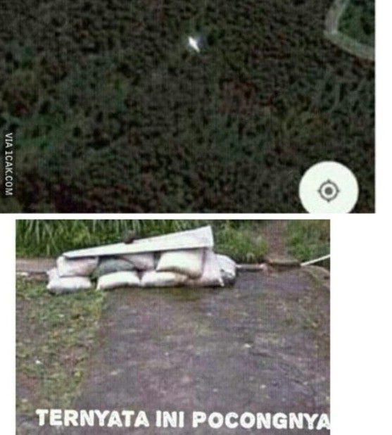 # Dari Google Maps sih keliatannya kayak ada penampakan pocong, gitu. Eh pas di didatengin ternyata cuma tumpukan karung pasir. Yailah…