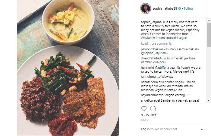 Nasi merah, tumis kacang, tempe goreng, dan sayur lodeh