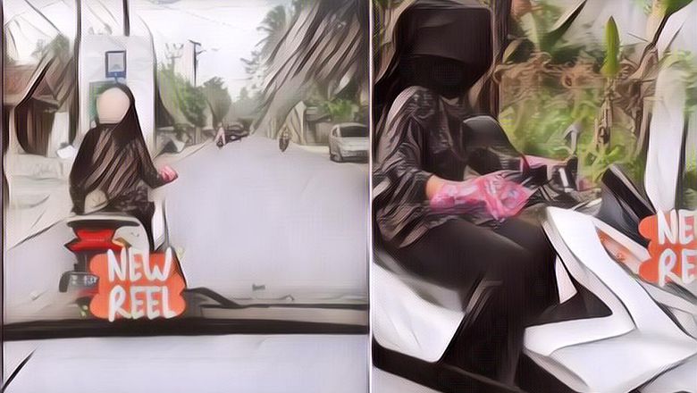Kocak Banget! Emak-Emak Ini Naik Motor dengan Wajah Ketutup Jilbab Karena Diterpa Angin, Netizen: Tes SIM Sambil Merem Langsung Lulus