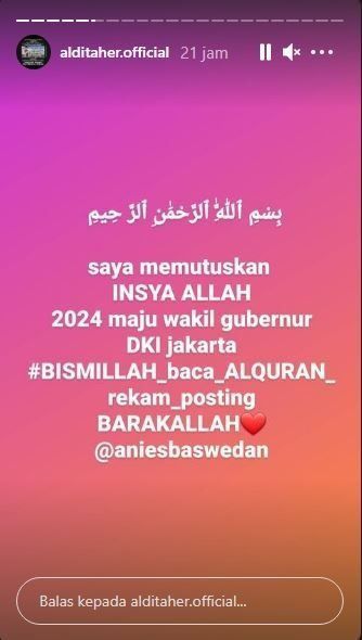 # Unggahan Aldi Taher di Instastory 