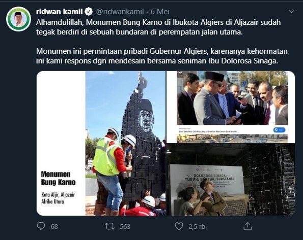 Tweet Ridwan Kami di Twitter Tentang Monumen Bung Karni di Aljazair